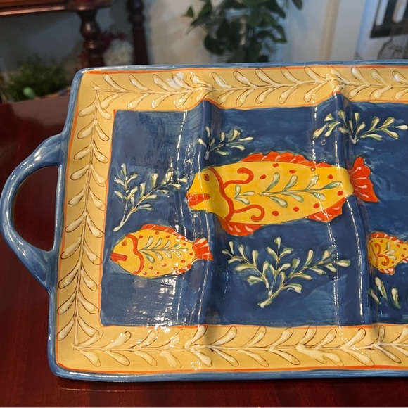Maxcera Mediterranean Divided Serving Platter Tray Hand Painted Fish Nautical - Picture 5 of 7